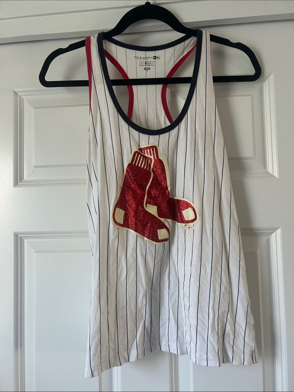 Kids White Pinstripe Tank Dress with Red Glitter Sock Appliqué